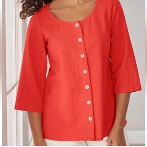 Soft Surroundings Bar Harbor Gauze Button Front 3/4 Sleeve  top